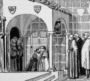 Ranskan kuningas Saint Louis (Louis IX 1214-1270) pyhiinvaeltajana vierailemassa Saint Frere Gilles