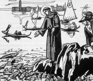 São Francisco de Assis pregando aos peixes em Rimini, gravado por Jacques Beltrand após desenho de Maurice Denisfinnish tekijältä Maurice (after) Denis