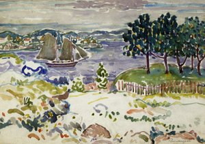 Inlet with Sailboat, Maine, n. 1913-1915. tekijältä Maurice Brazil Prendergast