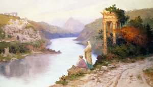 Figuurit joen rannalla ja klassisia raunioita