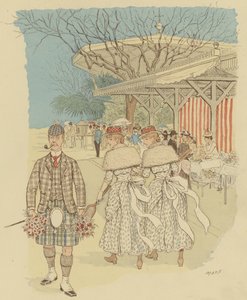 Skotlantilainen mies perinteisessä Highland-mekossa Ranskan Cannesin asukkaiden keskuudessa (väri litho)