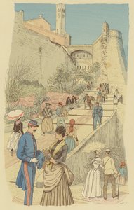 Ihmiset kävelevät Monacon kuninkaallisen palatsin Grand Staircase -portaalla. (väri lito) tekijältä Maurice Charles Mathieu Bonvoisin