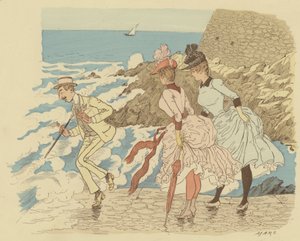 Seisoo laiturilla La Condamineissa Monte Carlossa; Monaco. (väri litho) tekijältä Maurice Charles Mathieu Bonvoisin