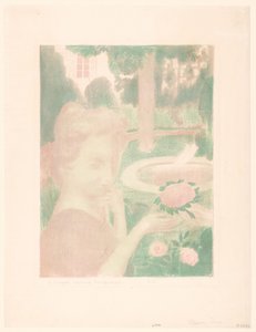 Nuori nainen saa kukkakimpun puutarhassa Le bouquet matinal, les larmes... (otsikko esineessä) Rakkauden esitykset (sarjan nimi) Rakkaus (sarjan nimi) tekijältä Maurice Denis