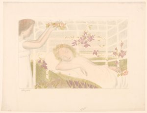 Nukkuva tyttö saa kukkasppeleen Allegoria (otsikko esineessä) Rakkauden esitykset (sarjan nimi) Rakkaus (sarjan nimi) tekijältä Maurice Denis
