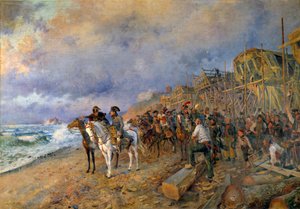 Ensimmäinen konsuli Napoleon Bonaparte (1769-1821) vierailee Maurice Orangen (1868-1916) Boulogne-maalauksen arsenaalissa 1804 (Aurinko: 214x304 cm) Paris, Musee de l