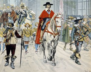 Kardinaali Richelieu ratsastaa Pariisin kaduilla tekijältä Maurice Leloir