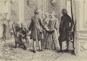 Kuvitus kirjaan XI Jean-Jacques Rousseaun tunnustuksista (kaiverrus) tekijältä Maurice Leloir