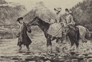 Jean-Jacques Rousseau auttaa kahta nuorta naista ylittämään puron (syväpaino) tekijältä Maurice Leloir