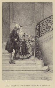 Jean-Jacques Rousseau suutelee Madame de Boufflersia (kaiverrus) tekijältä Maurice Leloir