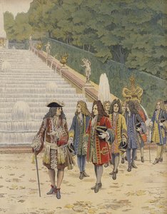 Kuningas Ludvig XIV ja Samuel Bernard Marlyssa, vierailu puutarhoissa tekijältä Maurice Leloir