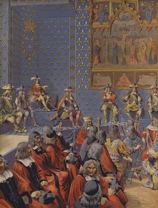 Kuningas Ludvig XIV istuu saappaissa parlamentissa tekijältä Maurice Leloir