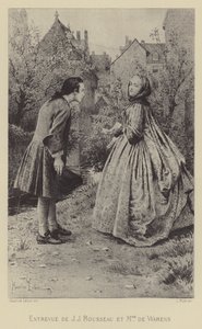 Jean-Jacques Rousseaun ja Madame de Warensin tapaaminen (kaiverrus) tekijältä Maurice Leloir