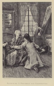 Jean-Jacques Rousseaun paluu Les Charmettesiin (kaiverrus) tekijältä Maurice Leloir