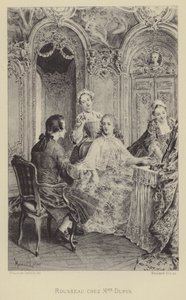 Rousseau Madame Dupinin luona (kaiverrus) tekijältä Maurice Leloir