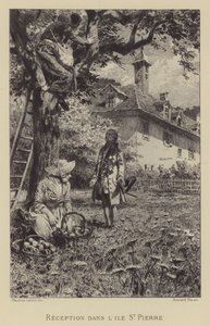 Rousseaun vastaanotto Ile St Pierressä (kaiverrus) tekijältä Maurice Leloir