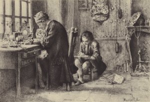Nuori Jean-Jacques Rousseau lukee, kun hänen isänsä työskentelee (syväpaino) tekijältä Maurice Leloir