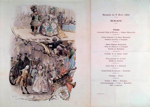 Häämenu Maurice Leloirin (1851-1940) kuvituksella pukukuvista ja galanteista, 4.6.1900 tekijältä Maurice Leloir