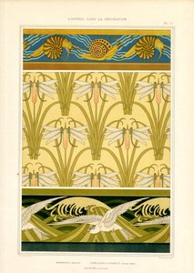 Reunukset ja pintakuviot merieläimillä, sudenkorennoilla ja lokkeilla (litografia)