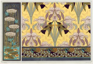 Suunnittelu tapettireunuksille, kankaalle ja paneelille: "Dragonflies; Waterlillies and Flowering Rush", Humming Birds and Orchids ja Hummming Birds and Maiden Hair Fern, Maurice Pillard Verneuil, pubi, L