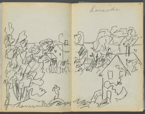 Luonnoskirja- The Granite Shore Hotel, Rockport, sivu 144 ja 145: "Lanesville". tekijältä Maurice Prendergast