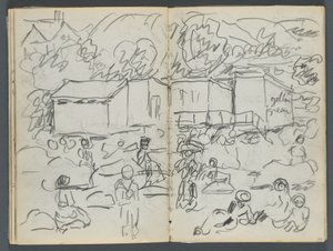 Luonnoslehti, The Dells, nro 127, sivu 114  115: Maisema, jossa on hahmoja ja rakennuksia. tekijältä Maurice Prendergast