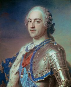 Ludvig XV:n (1710 - 1774) muotokuva panssariin pukeutuneena Pyhän Hengen ritarikunnan ja kultavillan nyörillä. Maurice Quentin Delatourin pastelli, joka tunnetaan nimellä Quentin De La Tour tai Quentin De Latour (1704-1788) tekijältä Maurice Quentin de La Tour