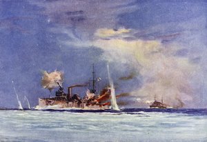 HMAS Sydney, komentaja kapteeni John Glossop, hyökkäämässä saksalaiseen Emden-risteilijään, Cocosin taistelu, 9. marraskuuta 1914