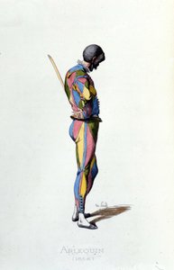 Harlekiini vuonna 1858. Maurice Sand "" Naamiot ja naamiot"" Pariisi 1800-luku. (Maurice Sand oli George Sandin poika) tekijältä Maurice Sand