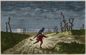 Ihmissusi (The ihmissusi, lupo mannaro) kaiverrus Maurice Sandin maalauksen jälkeen. Kaiverrus vuodelta 1857.