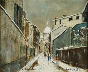 Rue St. Rustique sous la Neige, Montmartre, n. 1939 (öljy kankaalle) tekijältä Maurice Utrillo