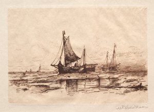 Kalastusveneet rannalla Scheveningenissä. tekijältä Maurits Frederik Hendrik De Haas