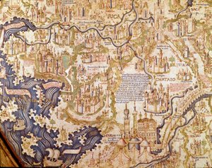 Näkymä Kiinasta (Cambaluc, nyt Peking) Yksityiskohta Mauruksen (Mauro) veljen kamaldolilaisen maailmankartan (mappamundi) 1459 (kartta) tekijältä Mauro Fra