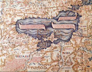 Näkymä Mustallemerelle Yksityiskohta Mauruksen (Mauro) kamaldoliveljen maailmankartasta (mappamundi) 1459 Biblioteca Marciana, Venetsia tekijältä Mauro Fra