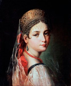 Nuoren naisen muotokuva Sarafanissa ja Kokoshnikissa, 1820-luku.