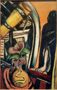 Studio (yö). Asetelma, jossa on kaukoputki ja hunnutettu hahmo tekijältä Max Beckmann