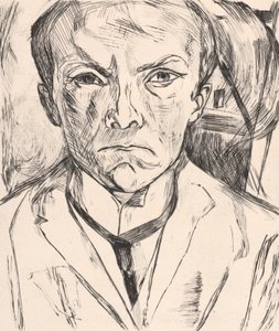 Omakuva edestä, taustalla talon pääty tekijältä Max Beckmann