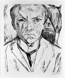 Omakuva edestä, taustalla talon pääty tekijältä Max Beckmann