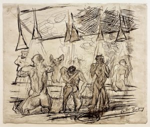 Sotilaiden kylpy - sotilaat suihkussa tekijältä Max Beckmann