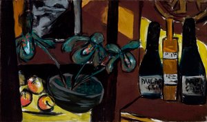 Asetelma ruskealla ja keltaisella (samppanjapullot ja orkideat) tekijältä Max Beckmann