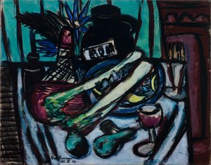 Asetelma, jossa on Chianti-pullo ja selleri tekijältä Max Beckmann