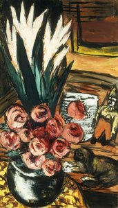 Asetelma punaisten ruusujen ja Butchyn kanssa; Stillben ja Roten Rosen ja Butchy tekijältä Max Beckmann