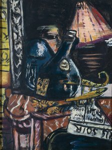 Still Life vino snapsipullon ja Buddhan kanssa tekijältä Max Beckmann