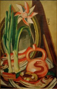 Asetelma kalan ja paperikukka kanssa tekijältä Max Beckmann