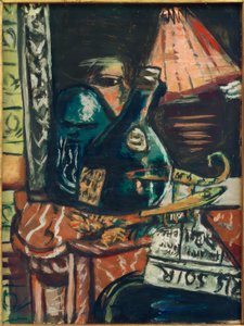 Asetelma kallistuvan viinapullon ja Buddhan kanssa tekijältä Max Beckmann