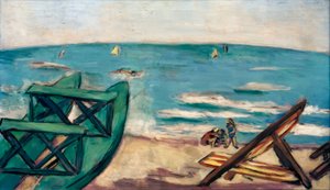 Ranta, jossa vene ja kansituoli tekijältä Max Beckmann