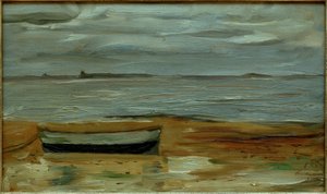 Ranta harmaalla veneellä ja harmaalla merellä tekijältä Max Beckmann
