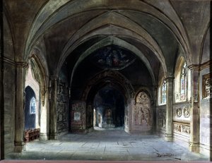 Sisustus "" Die Meistersinger"" tai "" Les maitres singteurs de Nuremberg"", Richard Wagnerin ooppera. Brucknerin lavastus, näytös I. Wagner Museum Bayreuth.