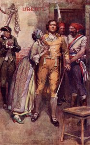 Lucy jättää jäähyväiset Sydney Cartonille, joka on kirjasinkappale Charles Dickensin "A Tale of Two Cities" -teoksesta (väri litho)