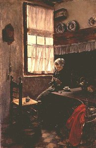 Nuori nainen neuloa sisätiloissa tekijältä Max Liebermann